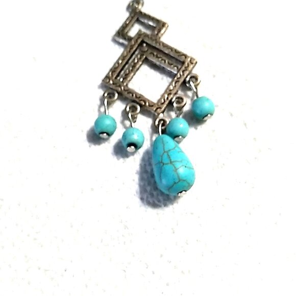 Turquoise Antique Silver Dangle Earrings 2.25" Drop - Picture 14 of 14